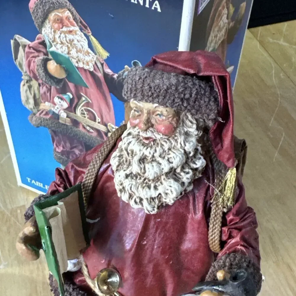 Kurt Adler Santa’s World Fabric Mache 10.5” Burgundy Santa w/ Toys & Box VTG